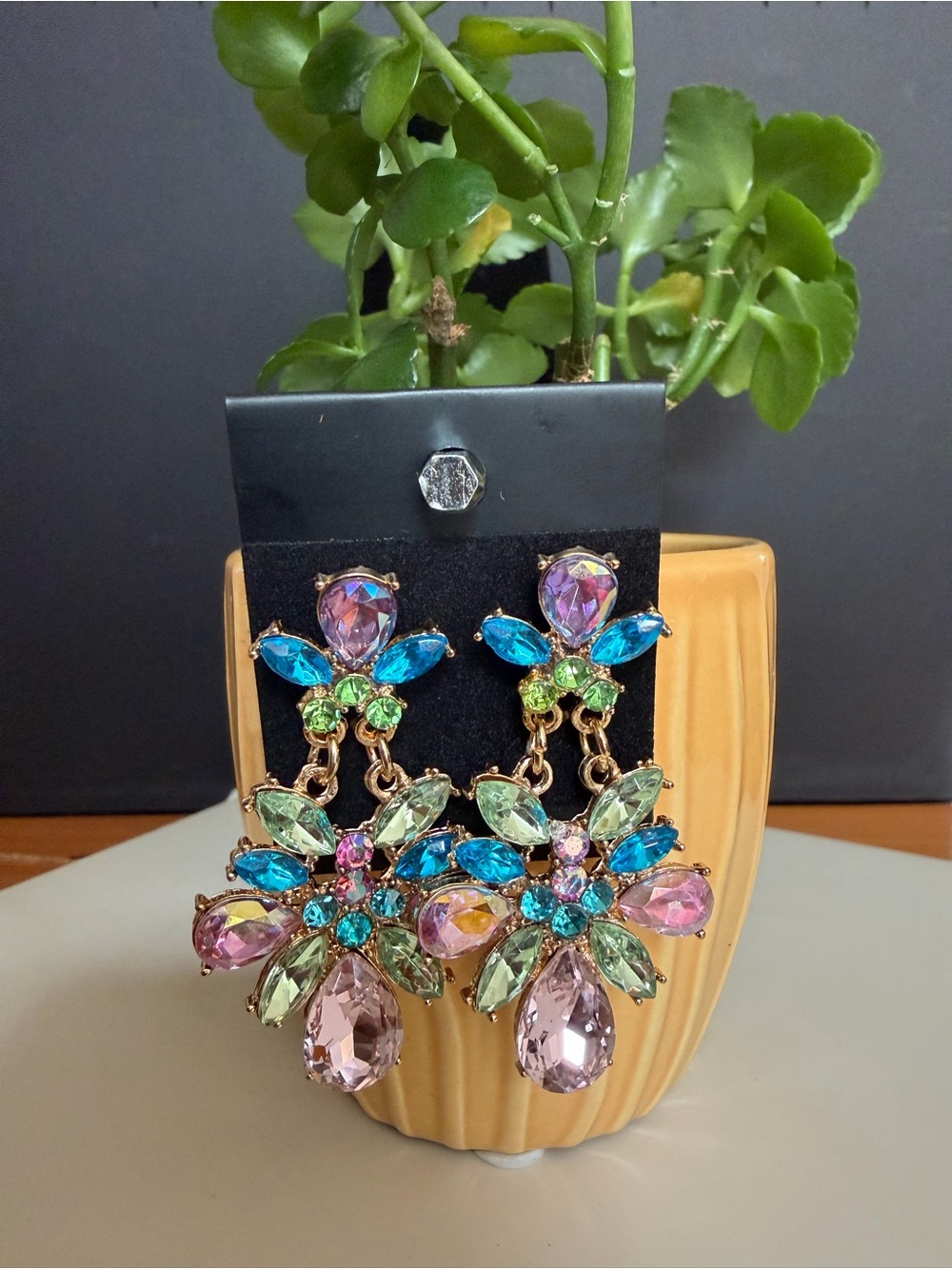 Multicolor Crystal Flower Drop Earrings - Unbranded